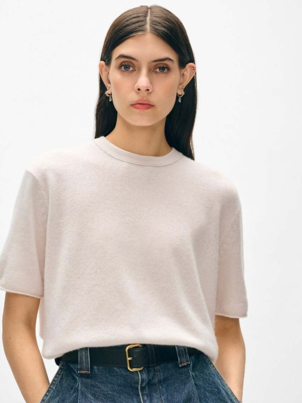 NWT White + Warren 100% Cashmere Roll Trim T-shirt Soft White Size Medium